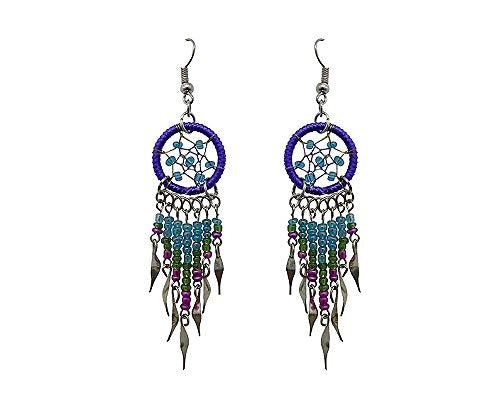 Beaded Dreamcatcher Earrings for Women, Long Boho Fringe Dangle Earrings, Lightweight Colorful Statement Jewelry, Handmade - color: Purple, Turquoise & Green