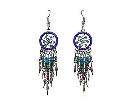 Beaded Dreamcatcher Earrings for Women, Long Boho Fringe Dangle Earrings, Lightweight Colorful Statement Jewelry, Handmade - color: Purple, Turquoise & Green