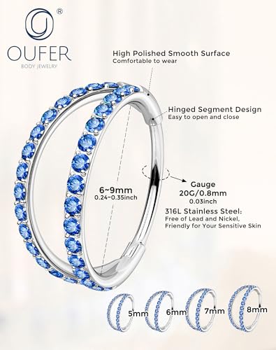 OUFER Double Hoop Nose Ring, 20G Nose Piercing Surgical Steel Nose Rings for Women, Elegant Nose Rings Hoops Perfect for Daily Nostril Piercing Jewelry - color: Silver+Blue CZ