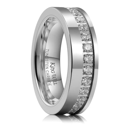 King Will Mens Tungsten Wedding Band with Cubic Zircon Inlay 7mm/8mm Flat Cut Comfort Fit Engagement Rings - color: Silver&White-6mm