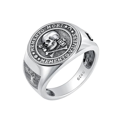 Memento Mori Ring 925 Sterling Silver Gothic Skull Signet Rings Tree of Life for Men Stoic Jewelry Memento Vivere Gifts - color: Silver