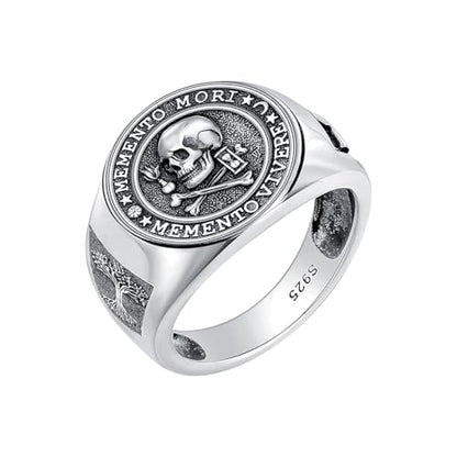 Memento Mori Ring 925 Sterling Silver Gothic Skull Signet Rings Tree of Life for Men Stoic Jewelry Memento Vivere Gifts - color: Silver