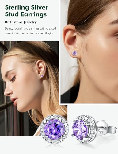 Dainty Birthstone Earrings for Women Sterling Silver Small Stud Earrings with Halo Cushion/Round Created Gemstone Earrings Birthstone Jewelry - style: B 02. Feb./created amethyst-round cut