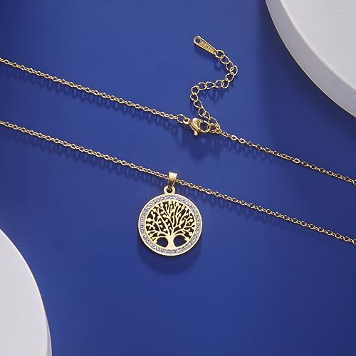 Dreamtimes Tree of Life Necklace for Women Stainless Steel Gold Color Clear Zircon Round Pendant Neck Chains Family Tree Fashion Charm Luxury Jewelry Wedding Gift - color: GOLD