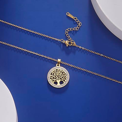 Dreamtimes Tree of Life Necklace for Women Stainless Steel Gold Color Clear Zircon Round Pendant Neck Chains Family Tree Fashion Charm Luxury Jewelry Wedding Gift - color: GOLD