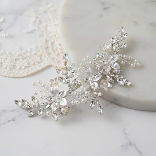SWEETV Wedding Hair Clip for Brides Comb Bridal Hair Accessories Headpiece | Silver Handmade Flower Pearl Hair Comb Rhinestone Leaf Bridal Headpiece, Crystal Wedding Hair Pieces Brides Bridesmaids Women - color: Silver