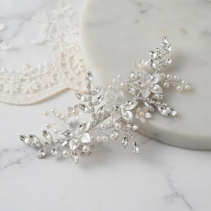 SWEETV Wedding Hair Clip for Brides Comb Bridal Hair Accessories Headpiece | Silver Handmade Flower Pearl Hair Comb Rhinestone Leaf Bridal Headpiece, Crystal Wedding Hair Pieces Brides Bridesmaids Women - color: Silver