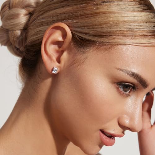 18K White Gold Plated Sterling Silver Emerald Cut Cubic Zirconia Stud Earrings Clear CZ Diamond Stud Earrings for Women Men Hypoallergenic - color: White Gold, size: 5MM*7MM