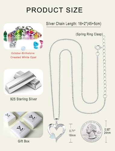 YL Heart Necklace 925 Sterling Silver Love Heart Pendant Birthstone Jewelry for Women - color: 0-opal