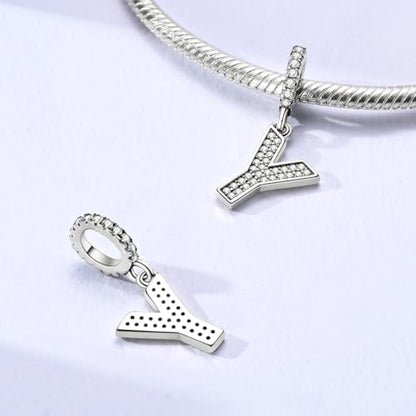 Hapour Letter 925 Sterling Silver Charm with Cubic Zirconia Alphabet A-Z Initial Dangle Charms Beads Pendent DIY Jewelry for Bracelets Necklace - color: Y