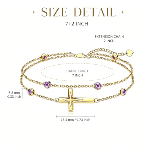 Midari 18K Yellow Gold Gemstone Birthstone Anklet Bracelet Cross Jewelry with 12 Months Birthstone Birthday Gifts for Women Wife Her Daughter Mom - color: 02-Feb-Amethyst, size: Bracelet 7"-9"