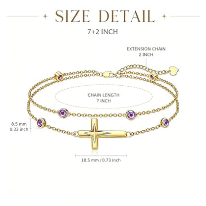 Midari 18K Yellow Gold Gemstone Birthstone Anklet Bracelet Cross Jewelry with 12 Months Birthstone Birthday Gifts for Women Wife Her Daughter Mom - color: 02-Feb-Amethyst, size: Bracelet 7"-9"