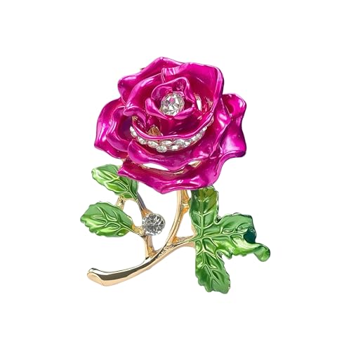 Gradient Purple Rose Flower Brooch Enamel Crystal Floral Lapel Pin Gold Tone Elegant Brooch for Women Suit Coat Scarf Accessory - color: Hot Pink
