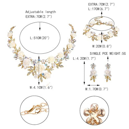 EVER FAITH Costume Jewelry Crystal Simulated Pearl Rose Flower Leaf Prom Party Statement Necklace Earrings Bracelet Set for Women - color: Iridescent Clear AB Gold-Tone