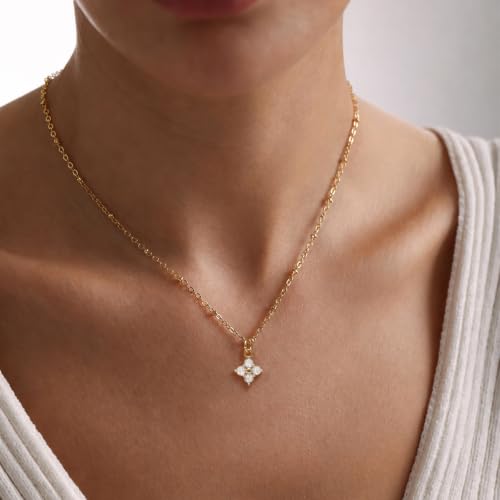 Gold Necklace for Women, Dainty 14K Gold Plated Pendant Necklaces for Women Trendy Simple Choker Chain Cubic Zirconia Circle/Interlocking/Sun/Pearl Necklace Fashion Jewelry Charm Gifts - color: Four-Leaf Clover-Satellite