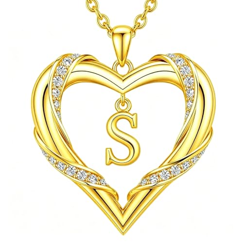 Midari 18K Gold Initial Letter Necklace for Women 18K Gold Initial Heart Capital Monogram Necklace for Mom Wife Alphabets from A-Z - color: S