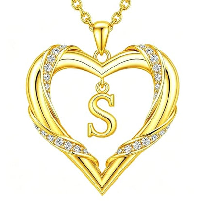 Midari 18K Gold Initial Letter Necklace for Women 18K Gold Initial Heart Capital Monogram Necklace for Mom Wife Alphabets from A-Z - color: S