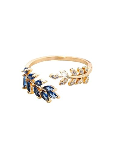 Adjustable Open Leaf & Vine Ring with Gemstone & Diamond | Cuff Deco Ring for Women Men | Adjustable Cuff Vine Leaf Deco Rings - color: Gold Blue