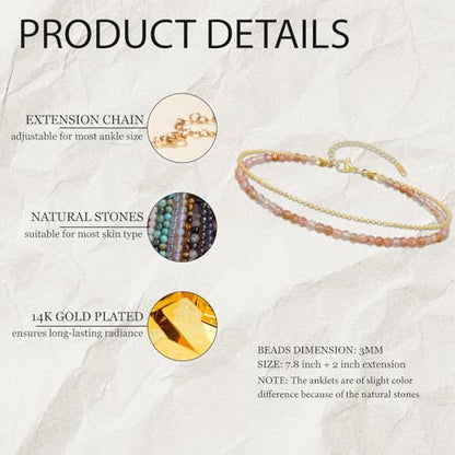 Ankle Bracelet for Women, Dainty 18k Gold Natural Stone Beaded Anklet Adjustable Double Ankle Chain Waterproof Summer Boho Foot Jewelry Birthday Anniversary Graduation Gifts - color: Sunstone