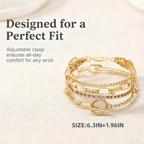 14K Gold Plated Layered Bracelet Set for Women, Boho Stackable Crystal Link Chain Bangles, Stacked Gold Bracelets Elegant Jewelry Gift for Wedding, Anniversary, Birthday