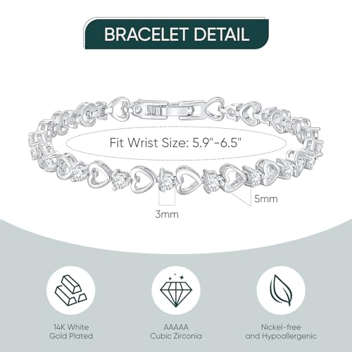 Tennis Bracelet for Women - 14K Gold Plated Heart Cubic Zirconia Bracelet, Dainty Trendy Anniversary Birthday Christmas Jewelry Gift for Her - color: White Gold (5.9-6.5 Inches)