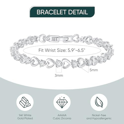 Tennis Bracelet for Women - 14K Gold Plated Heart Cubic Zirconia Bracelet, Dainty Trendy Anniversary Birthday Christmas Jewelry Gift for Her - color: White Gold (5.9-6.5 Inches)