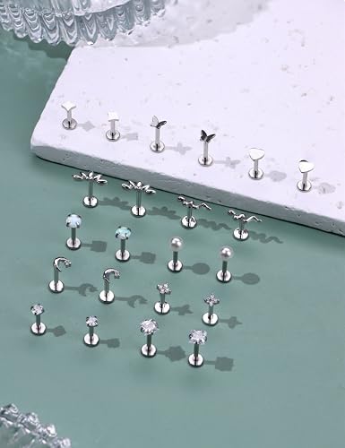 316L Stainless Steel 20G/16G Threadless Flat Back Push In Earrings Women | 11 Pairs 316L Hypoallergenic CZ Cartilage Conch Tragus Stud Earrings Nose Rings for Women, 14K Gold Plated, Silver, 6/7/8mm - color: Silver Plated, size: 16G- bar length: 6/7/8mm
