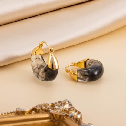 LAXPICOL Gold Chunky Dangle Earrings For Women Resin Stone Earrings Hoop Earrings, 18k Plated Oval Resin Stone Statement Earrings for Women Unique Dangling Teardrop Baroque Huggies Hoop Earrings - color: Black-Teardrop 2