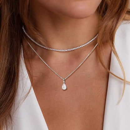Layered Necklaces for Women, Dainty 14K Gold Plated Diamond Tennis Necklace, Simple Stackable Layered Gold Necklaces for Women Trendy Sparkly Cubic Zirconia Pendant Necklace Set Jewelry Gift - color: Silver- Tennis & Waterdrop Diamond