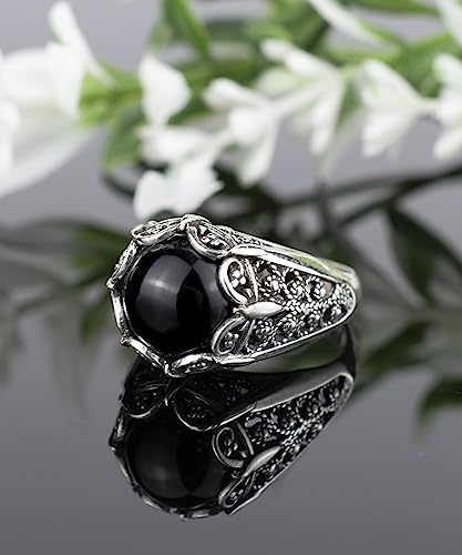 Filigranist 925 Sterling Silver Filigree Art Women Mini Dome Cocktail Ring with Gemstone, Gift Boxed - color: Black Onyx