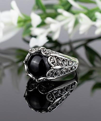 Filigranist 925 Sterling Silver Filigree Art Women Mini Dome Cocktail Ring with Gemstone, Gift Boxed - color: Black Onyx