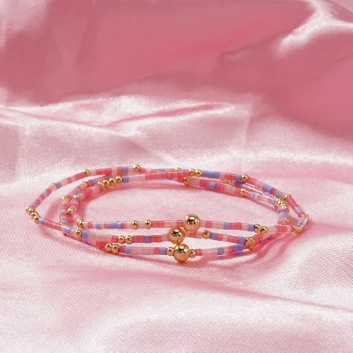 Small Seed Beaded Stack Bracelets Set for Women,Boho Handmade 3Pcs Colorful Glass Gold Stretch Accessories Jewelry, Summer Beach Wear Holiday Friendship Gift - color: Pink