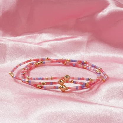 Small Seed Beaded Stack Bracelets Set for Women,Boho Handmade 3Pcs Colorful Glass Gold Stretch Accessories Jewelry, Summer Beach Wear Holiday Friendship Gift - color: Pink