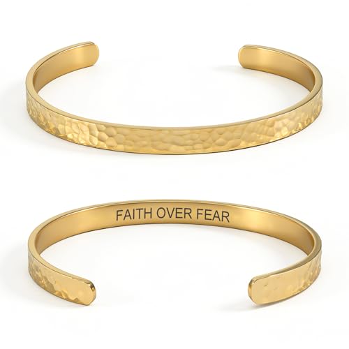 Inspirational Bible Verse Cuff Bracelet for Women, 18K Gold Plated Hammered Bangle, Christian Faith Jewelry Gift, Adjustable Non Tarnish - color: FAITH OVER FEAR-Hammered Gold