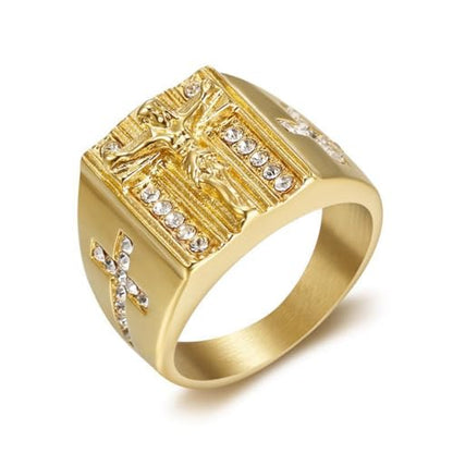 Christian Couple Signet Rings Set: Square Jesus (Men) & Oval Virgin Mary (Women), Stainless Steel Gold Plated with Side CZ Cross, Rhinestone Religious Rings - color: Jesus