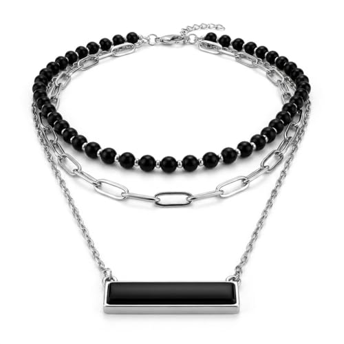 Layered Stone Necklace, Triple Strand Beaded Choker with Paperclip Chain, Boho Western Fashion Jewelry - color: Black