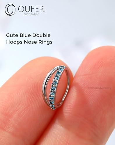 OUFER Nose Rings Silver, 20G Double Hoop 8MM Nose Rings, Seamless Stainless Steel Rook Daith Piercing Jewelry for Women & Men - style: Style3-Blue