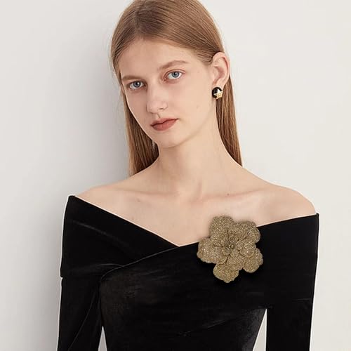 Rhinestone Flower Brooch Pin for Women Men Elegant Sparkly Crystal Camellia Floral Lapel Pins Shawl Dress Suit Clothes Accessories Wedding Party Fashion Jewelry 105mm - color: Brown