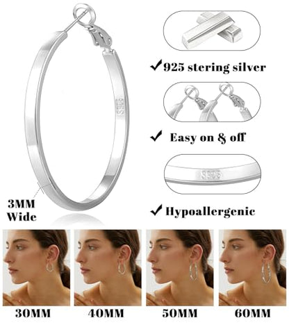 Lightweight 925 Sterling Silver Post Hoop Earrings for Women | 3mm Wide Hypoallergenic Thin Large Hoop Earrings for Women Gift 30/40/50/60mm - size: 30mm Silver