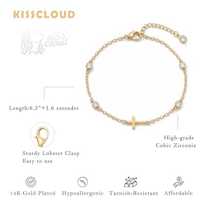 Bracelets for Women, Dainty Gold Silver Ring Bracelet Hand Chain | Cubic Zirconia Pearl Charms, 14K Gold Plated, Adjustable Fit, Trendy Stackable Link Chain, Waterproof Jewelry, Gift for Her - color: Gold-cross cz bracelet