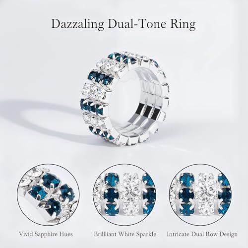 Sparkling Rhinestone Ring Set Trendy Elastic Rhinestone Crystal Stretch Ring Stackable Jewelry for Women Girls - color: 3 Rows Ring-White+Dark Blue