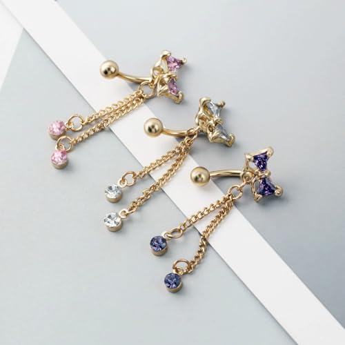 14G CZ Bowknot Reverse Belly Button Rings for Women Stainless Steel Pink Purple Crystal Bow Chains Tassel Dangle Belly Navel Rings Navel Curved Barbell Body Piercing Jewelry - color: Pink