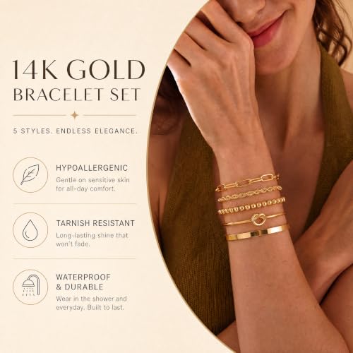 14K Gold Plated Stackable Bangle Bracelets Set for Women | Cuff Bracelet Stackable Bangles Bracelet for Women Trendy Fashion Accessories Tie Knot Cuban Rope Paperclip Beaded Bracelets - color: 5-layer A GD"