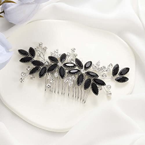 Casdre Crystal Bride Wedding Hair Comb Silver Leaf Bridal Hair Accessories Rhinestone Party Prom Hair Piece for Women and Girls (D Black) - color: D Black