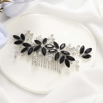 Casdre Crystal Bride Wedding Hair Comb Silver Leaf Bridal Hair Accessories Rhinestone Party Prom Hair Piece for Women and Girls (D Black) - color: D Black