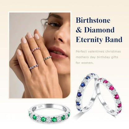 Bezel Set Birthstone Wedding Band 14K Gold Sterling Silver Stackable Half Eternity Band Rings 2.5mm Wide Ruby/Amethyst/Sapphire/Emerald Green/Aquamarine Ring for Women, Send Gift Box - style: 09-Created Sapphire & CZ
