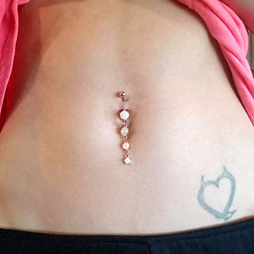 Cute Dangly Opal Belly Button Rings 14g 316L Stainless Steel Dangle Navel Rings for Women Belly Button Piercing Dangling Navel Bar - color: Rose Gold-Opal