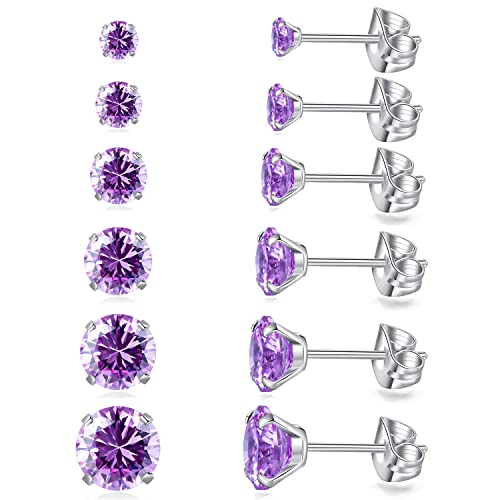 6 Pairs Stud Earrings Set, Hypoallergenic Cubic Zirconia Earrings 316L Stainless Steel CZ Earrings 3-8mm - color: A-Purple CZ