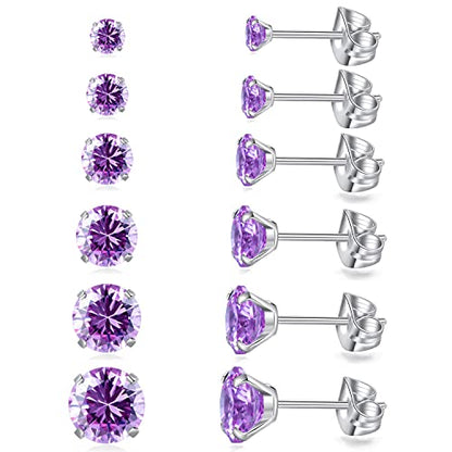 6 Pairs Stud Earrings Set, Hypoallergenic Cubic Zirconia Earrings 316L Stainless Steel CZ Earrings 3-8mm - color: A-Purple CZ