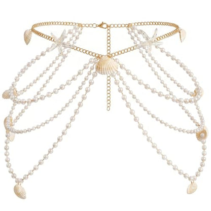 XZQTIVE Starfish Pearl Waist Chain Belts for Women Mermaids Seashell Pearl Belly Chain Gold Pirate Rave Festival Summer Bikini Beach Jewelry Accessories - style: Starfish-11